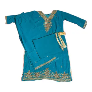 Georgette Heavy Hand Botique V-Neck Kurtha with Plazoo Pant & Laced Dupatta in Four Different Colors for Women