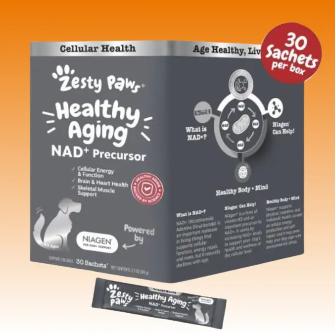 Zesty Paws Healthy Aging Supplement Powder, NAD+ Precursor Cellular Metabolic Heart Brain and Skeletal Muscle Support for Dogs - 30 Sachets