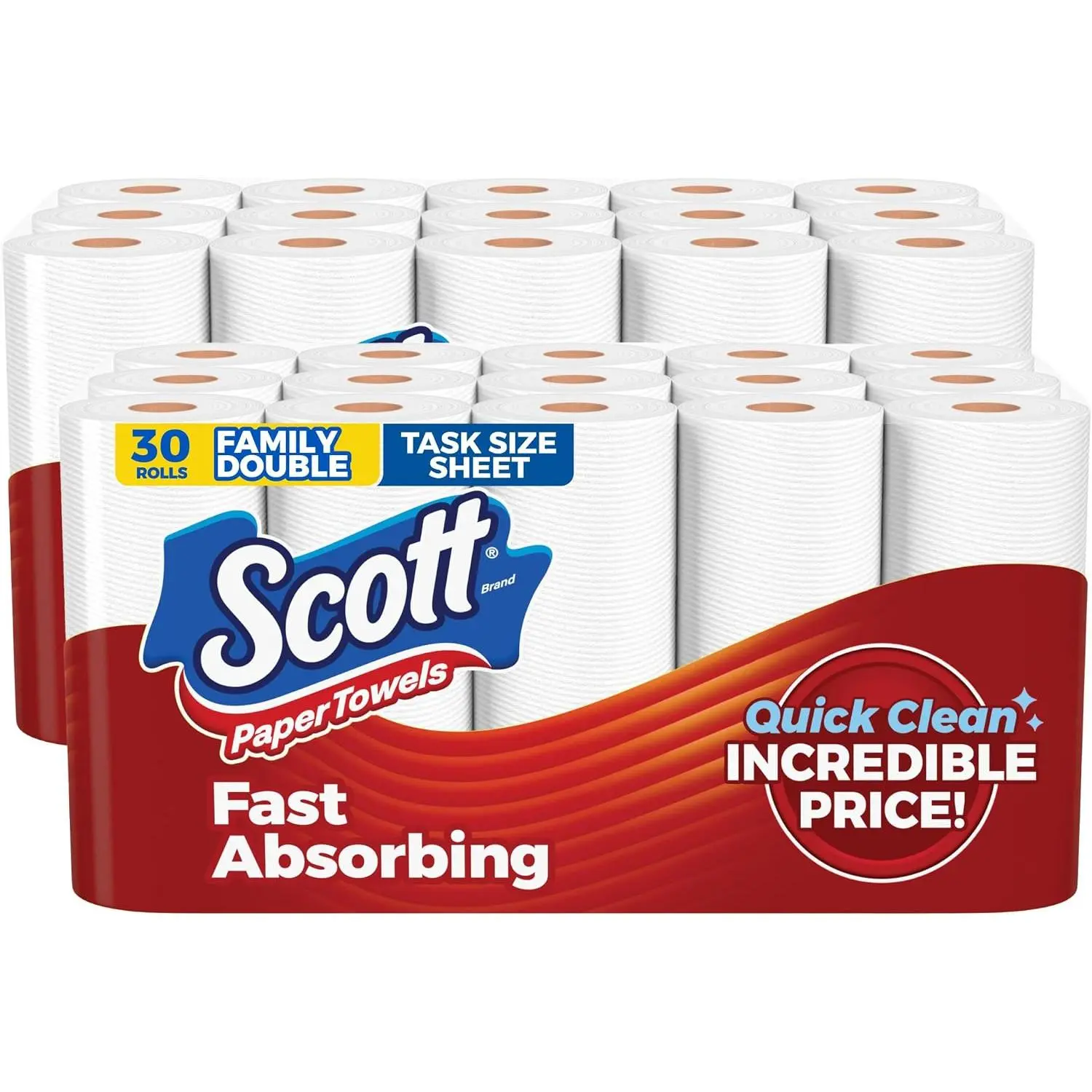 Scott Unscented White Single-Use Kitchen Rolls & Wipes - 30 Family Double Packs, 119 Sheets Per Roll, Recycled Core Disposable Towels for Spill Cleanup