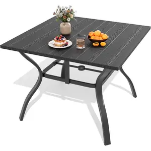 【Summervibes】Chinnluu Outdoor Dining Table for 4, Black Metal Patio Dining Table with 1.97'' Umbrella Hole,Anti-Rust Waterproof Square Table for Porch Deck Poolside Garden Backyard Summervibes