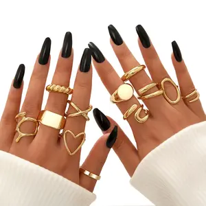 17KM 12PCS Gold Stackable Rings Set for Women, 18K Gold Plated Open Stacking Knuckle Ring, Adjustable Chunky Signet Band Statement Ring for Gift