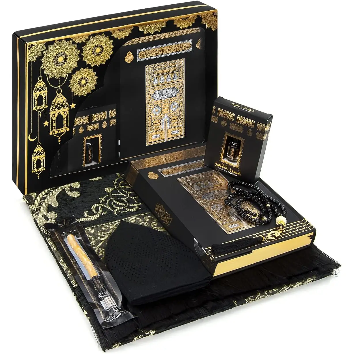 Ihvan Online Prayer Gift Box for Hajj and Umrah, Muslim Prayer Rug, Islamic Mat, Beads Tesbih, Holy Quran, Miswak, Muslim Kufi Hat, Islamic Deluxe Set