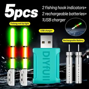 5-Piece Fishing Set, 2 Bait Indicator Lights + 2 Rechargeable Batteries + 1 Charger, Night Fishing Light Rod Tip Lamp, Fishing Tackle Kit, Fishing Accessories Kit, Fishing Gear Accessories
