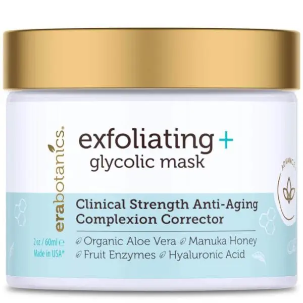 ERA Organics Glycolic Mask, Clinical Strength AHA BHA Exfoliant with Organic Aloe Vera Manuka Honey & Hyaluronic Acid for Fine Lines Wrinkles & Blemishes Revitalizes Exfoliate