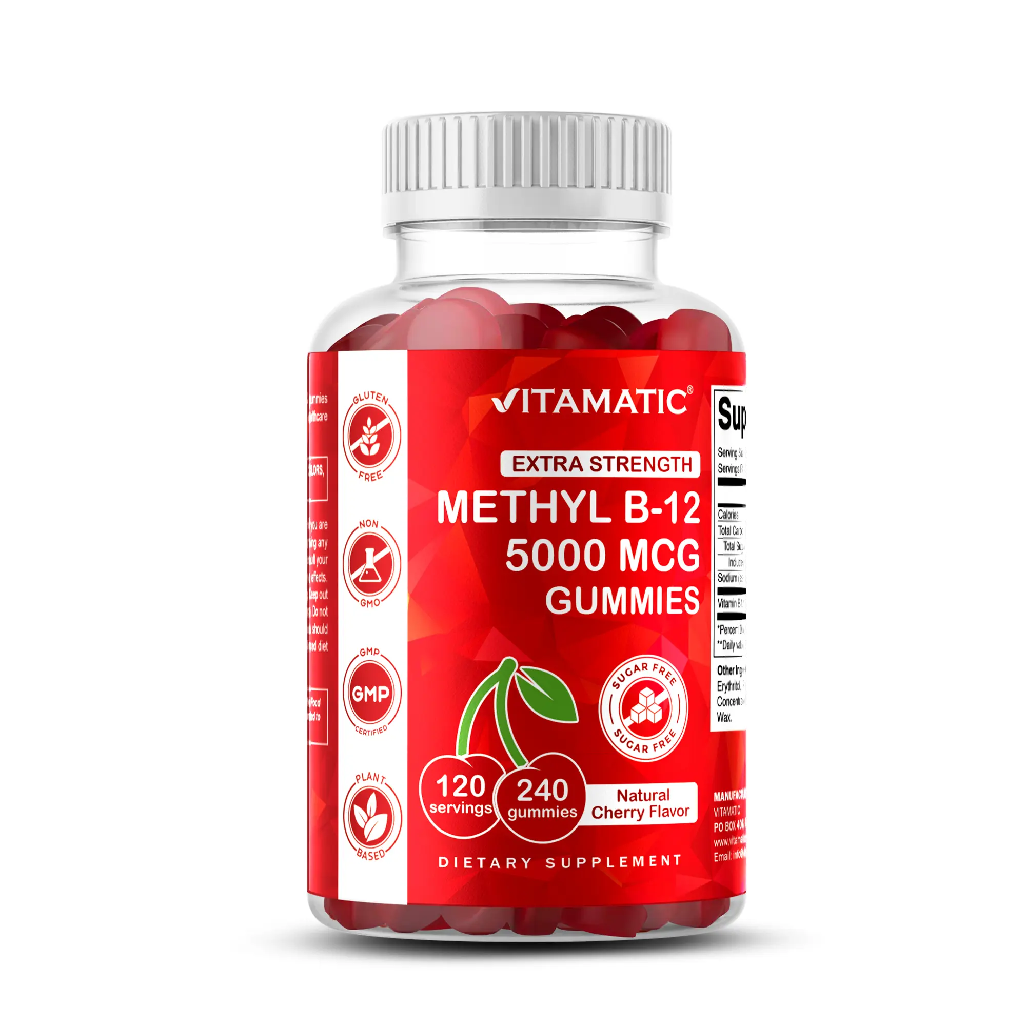 Vitamatic Double Strength Methylated B-12 Vitamin 5000 mcg Chewable Gummies - 240 Count, Natural Cherry Flavor, Methylated B Vitamins, Gluten-Free, High Fiber, Vegetarian, GMO-Free, for Energy Boost, Metabolism Support, Body Health, Brain Health