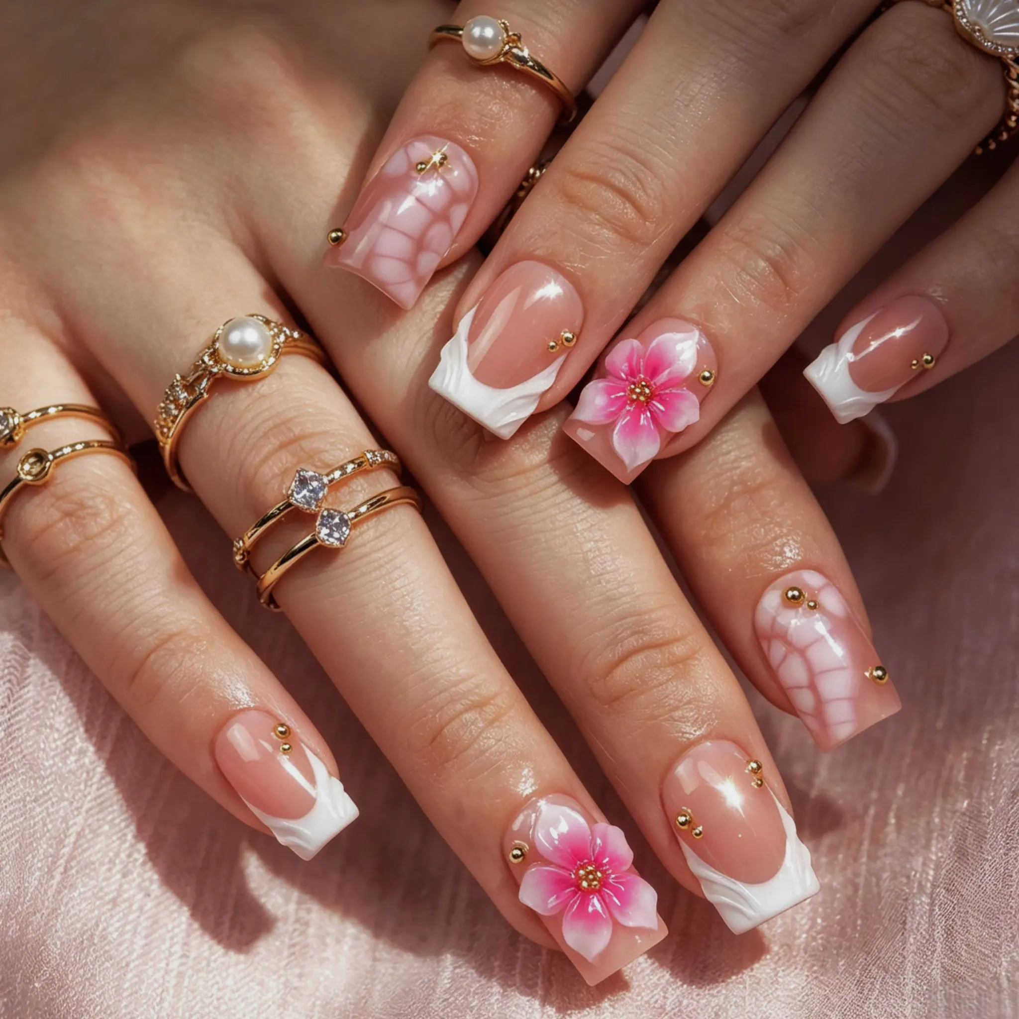 Handmade Short Square Presson Nail 3D Floral White Tips, Y2K Baddie Style, Nude & White Color With French Tips, Floral & Snake Skin Designs, Suitable For Women & Girls, Includes Tools, Great Gift For Ladies Nails Nail Supplies Handmade Press On Nails