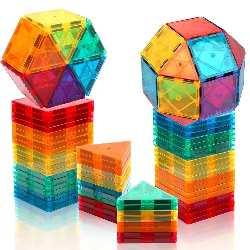 34PCS Magnetic Tiles Construction Blocks Set - Plastic Bricks, STEM Learning Toys with Rounded Edges, Manual Play for 3-8 Years Old, Children Development & Hand-Eye Coordination Booster, Kids' Birthday Gifts