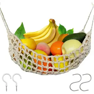 Hanging Fruit Hammock Under Cabinet, 13×16in Macrame Hanging Fruits Basket with 4 Hooks Fruit Net Banana Hammock Hanging Storage Veggie Hanger Basket for Kitchen Home Boat Rv(Beige)