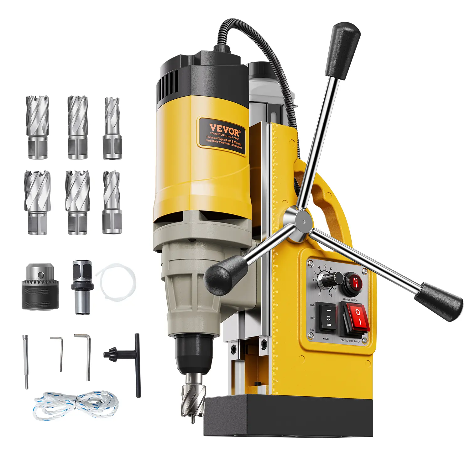 【summerfinds】VEVOR Industrial Drill Press with Magnetic Base, 1450W Motor, 2878 lbf Holding Force, 2 in Boring Diameter, 6 Bits Set, 10-Speed Gears, 3 Extended Cranks, Comfortable Grip, Accurate and Efficient Operation, Yellow, Father's Day Gift Option, C