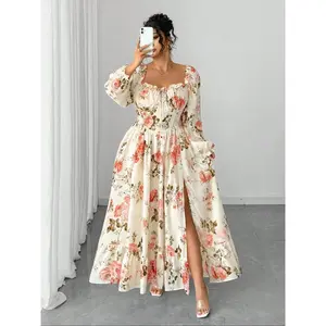 Plus size women's elegant A-line floral dress, long sleeved V-neck pleated design, summer casual fashion, multiple colors to choose fromRAIMENTRY