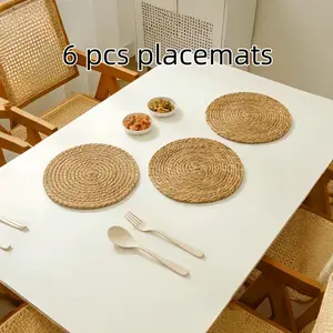 Boho Farmhouse 6pcs 30cm Round Woven Straw Placemats, Natural Eco-Friendly Heat-Resistant Mats, Non-Slip Breathable Table Linens for Rustic Dining Tables & Outdoor Gatherings