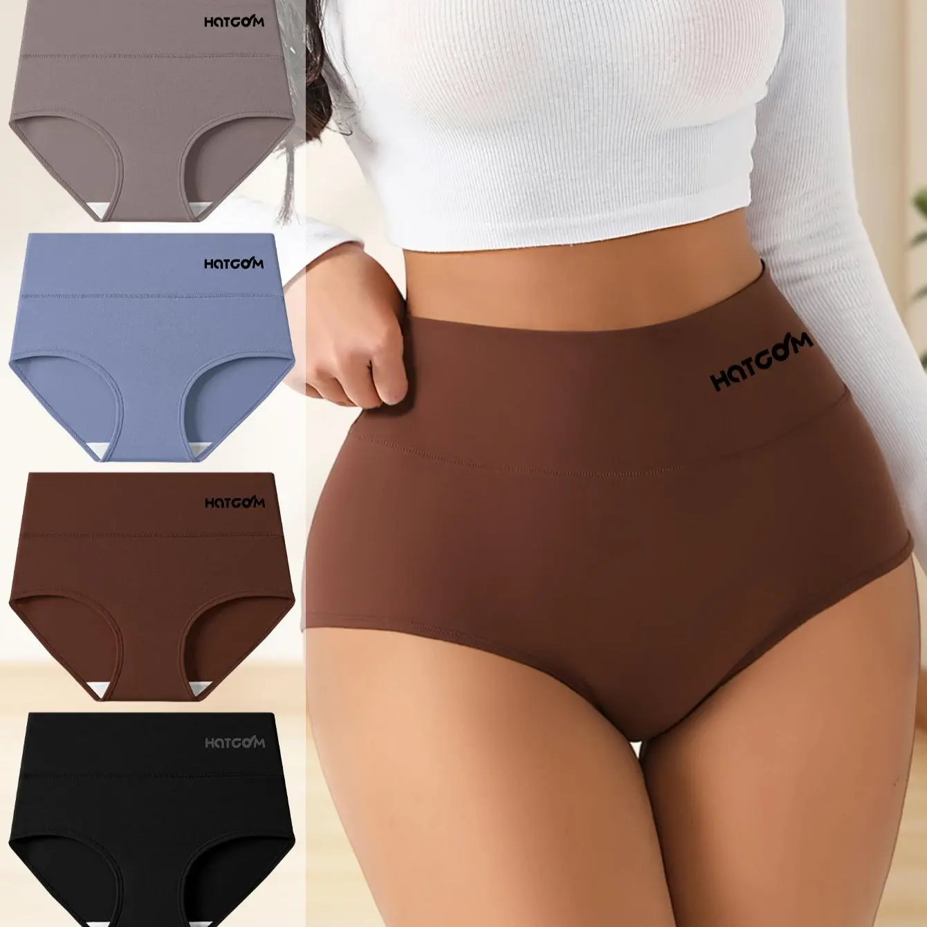 Hotcom 4 Pcs Women's Plus Size High Waist Cotton Panties - Minimalist Style, Soft, Comfortable, Breathable Full Coverage Pleated Hipster Briefs for Daily All-Season Wear, Panty