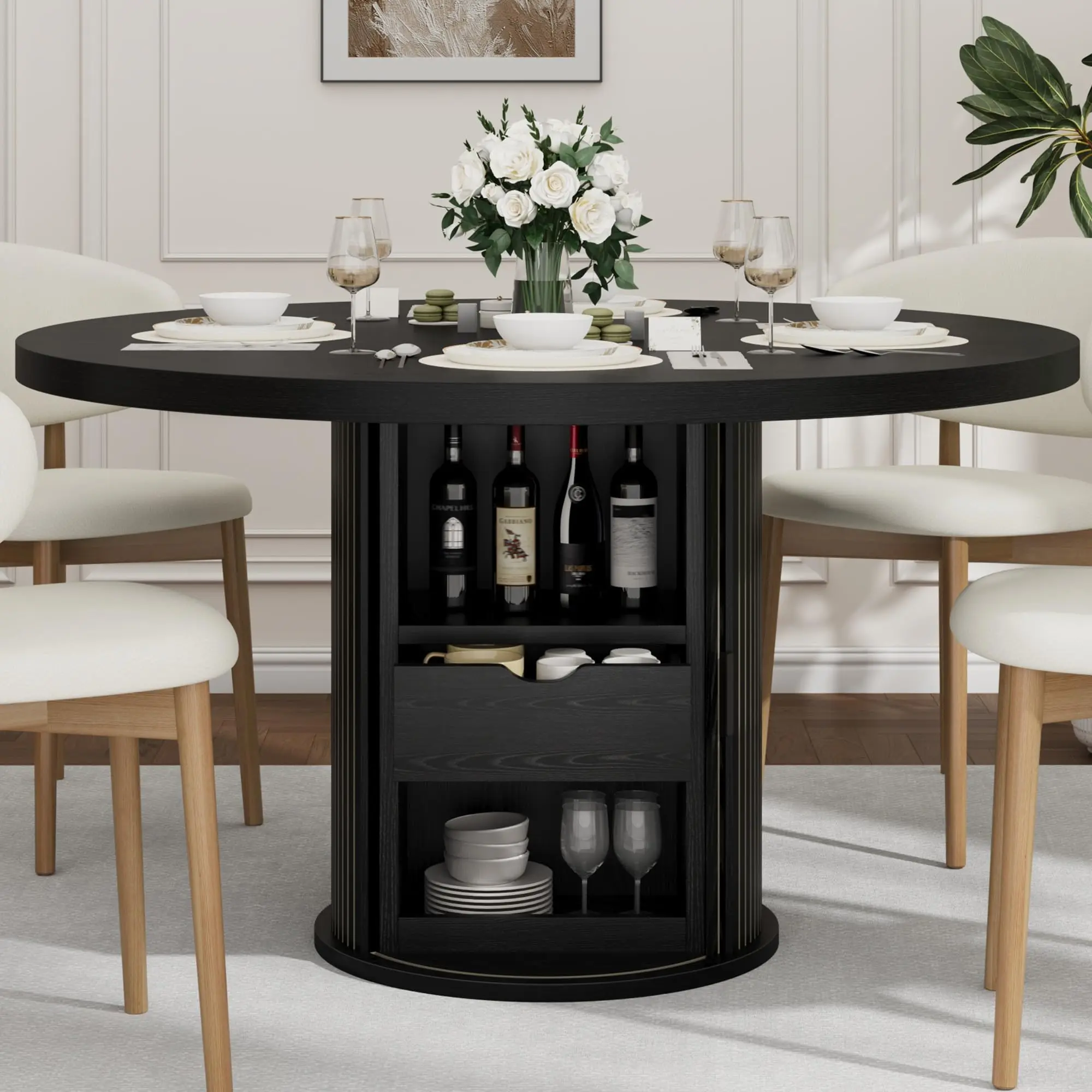 47-inch Round Farmhouse Wooden Table - Rustic Finish, 2-Layer Storage (Cutlery Drawer, Shelves), 2-Tier Dining Room Furniture, Space-Saving for 4-6 People, Daily Elegance - Ideal for Family Dinners, Kitchen Small Space Use