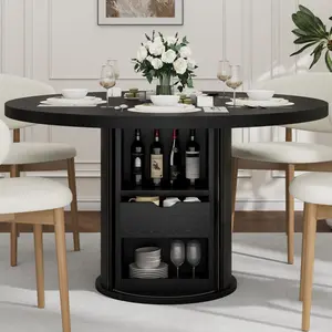 Farmhouse 47" Round Dining Table for 4-6 – 2-Layer Storage Shelf & Drawer – Space-Saving Circle Table – Ideal for Dining Room, Kitchen, Living Room