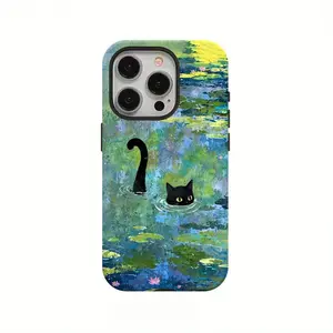 This durable, shock-absorbing, glossy two-in-one phone case features a cat silhouette in a water lily pond. Suitable for iPhone 17, 15, 14, 13, 12, 11, X, and Samsung models. It's a great holiday gift for friends or family.