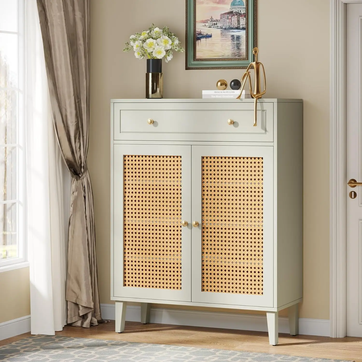 Tribesigns Modern Shoe Storage Cabinet, Mint Green Wooden Shoe Organizer with Adjustable Shelves & Drawer