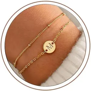 Gold Initial Bracelets for Women Teen Girls - Dainty 18K Gold Plated Disc Monogram Letter A-Z Initial Bracelets for Women Trendy Letter Bracelet Birthday Gifts