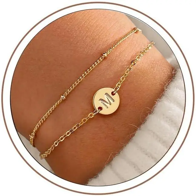 Gold Initial Bracelets for Women Teen Girls - Dainty 18K Gold Plated Disc Monogram Letter A-Z Initial Bracelets for Women Trendy Letter Bracelet Birthday Gifts