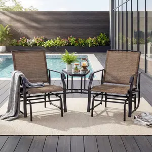 Outdoor Glider Chairs and Table set, Patio 2-Seat Rocking Chair Swing Loveseat with Glass Coffee Table