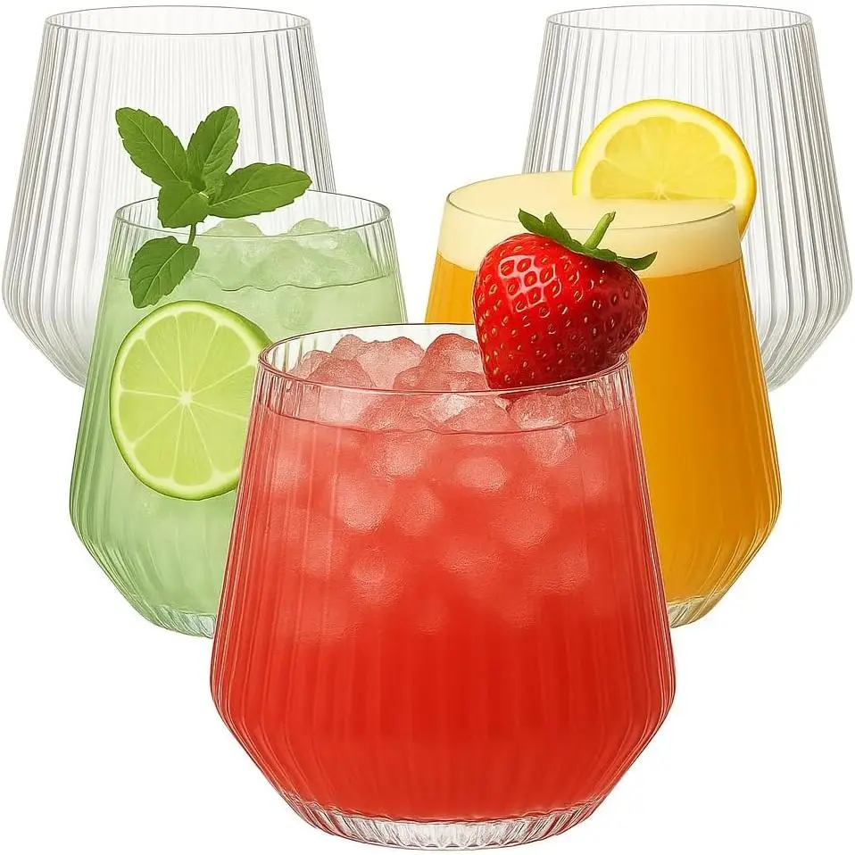 Origami Ripple Unbreakable Stemless Plastic Wine Champagne Whiskey Glasses Elegant Durable Disposable Indoor Outdoor Ideal for Home, Office, Bars, Wedding, Ribbed 12 Ounce Cups (Clear)