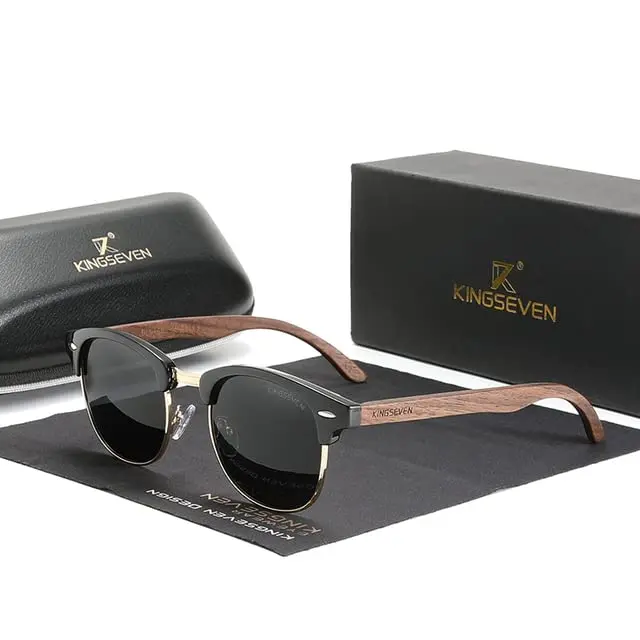 KINGSEVEN Handmade 2023 Black Walnut Wooden Sunglasses Men Polarized UV400 Protection Semi-Rimless Retro Eyewear Women Oculos 5516, Sunglasses For Women, Men's Sunglasses