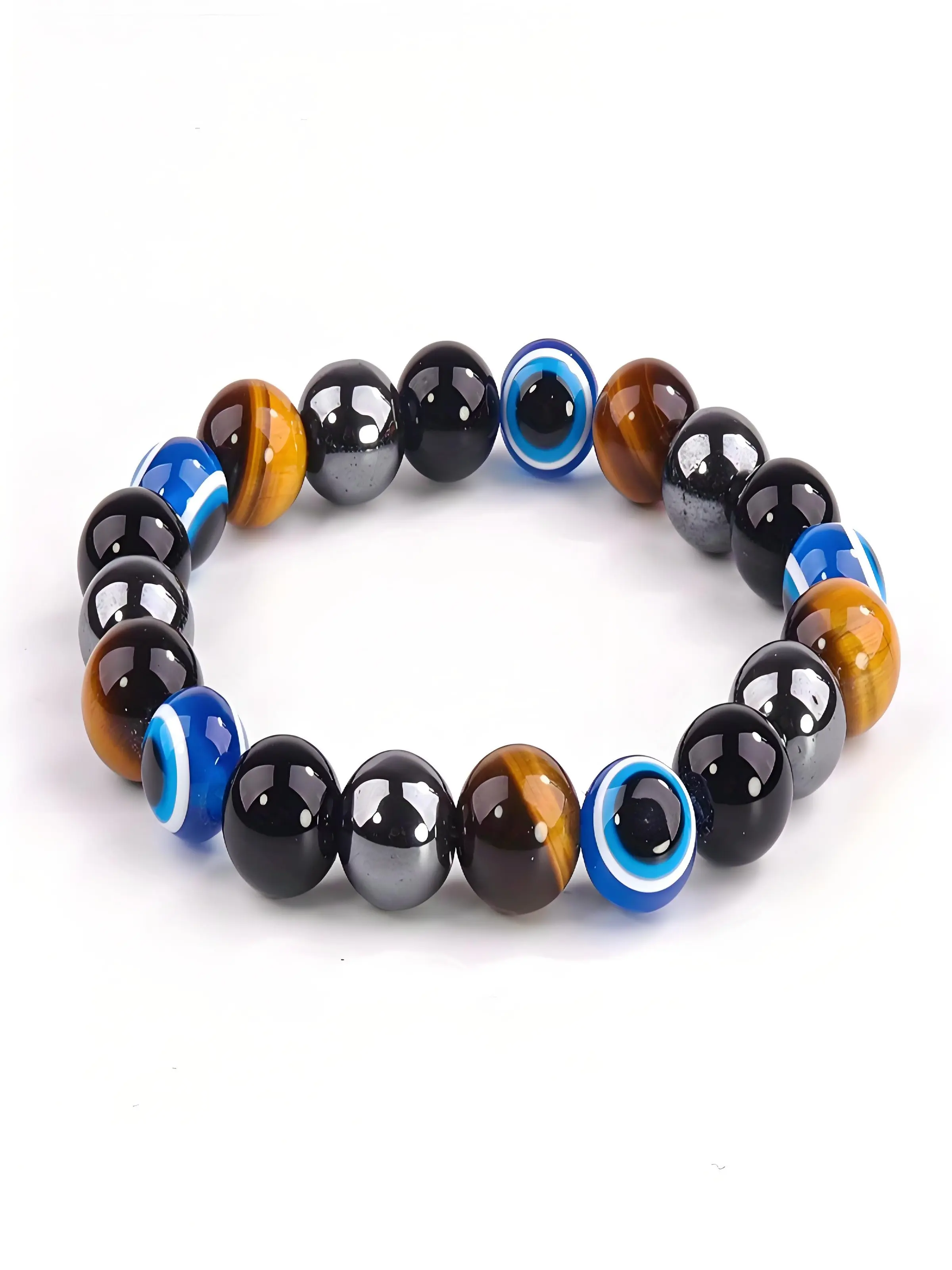 Blue Evil Eye Triple Protection Ball Bead Bracelet, Lucky Bead Handmade Stretch, Spiritual Gift for Men & Women, Luck & Prosperity, Adjustable Elastic Bracelets, Jewelry Bracelet
