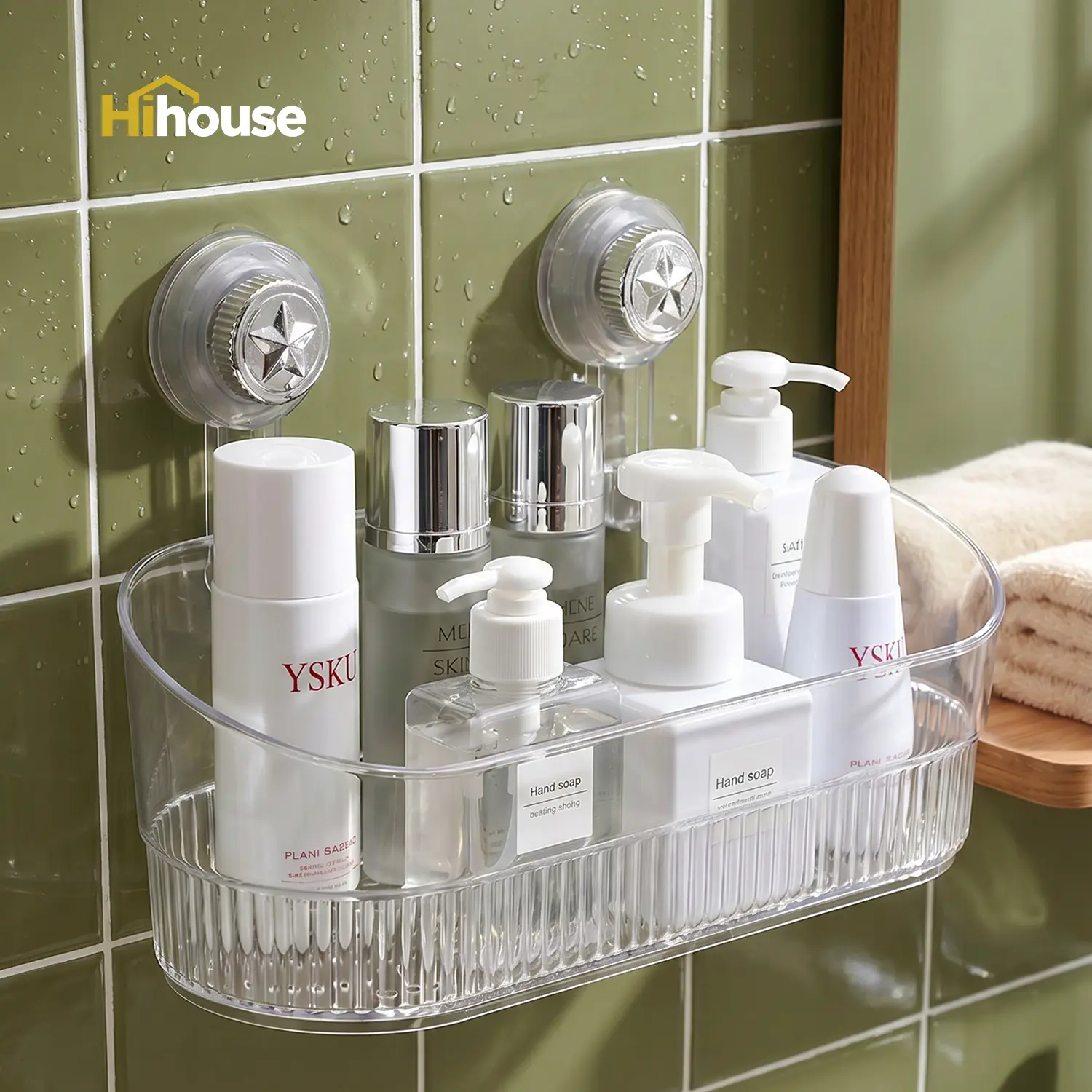 2-Pack Suction Cup Shower Caddy, Clear Acrylic No-Drilling Bathroom Organizer Basket with Powerful Suction, Wall-Mounted Storage for Shower & Kitchen