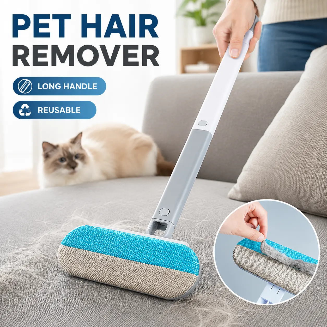 Pet hairbrush, pet hair removal device, carpet cleaning tool, multi-functional long-handled static brush for removing hair, cat hair brush Pet Hair Remover with Glove Dual