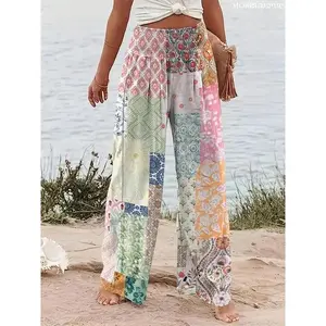 Women’s patchwork/floral print wide-leg pants with an elastic waistband; bohemian baggy boho casual trousers for beach vacations; oversized women’s bottoms for all seasons; loose womenswear