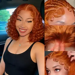 Nerkre TiktokShop Ginger Water Wave Bob Wig Human Hair 13x4 HD Transparent Lace Front Human Hair Wig 180% Density Orange Color Short Bob Wig Glueless Wigs Human Hair Pre Plucked With Baby Hair for Women