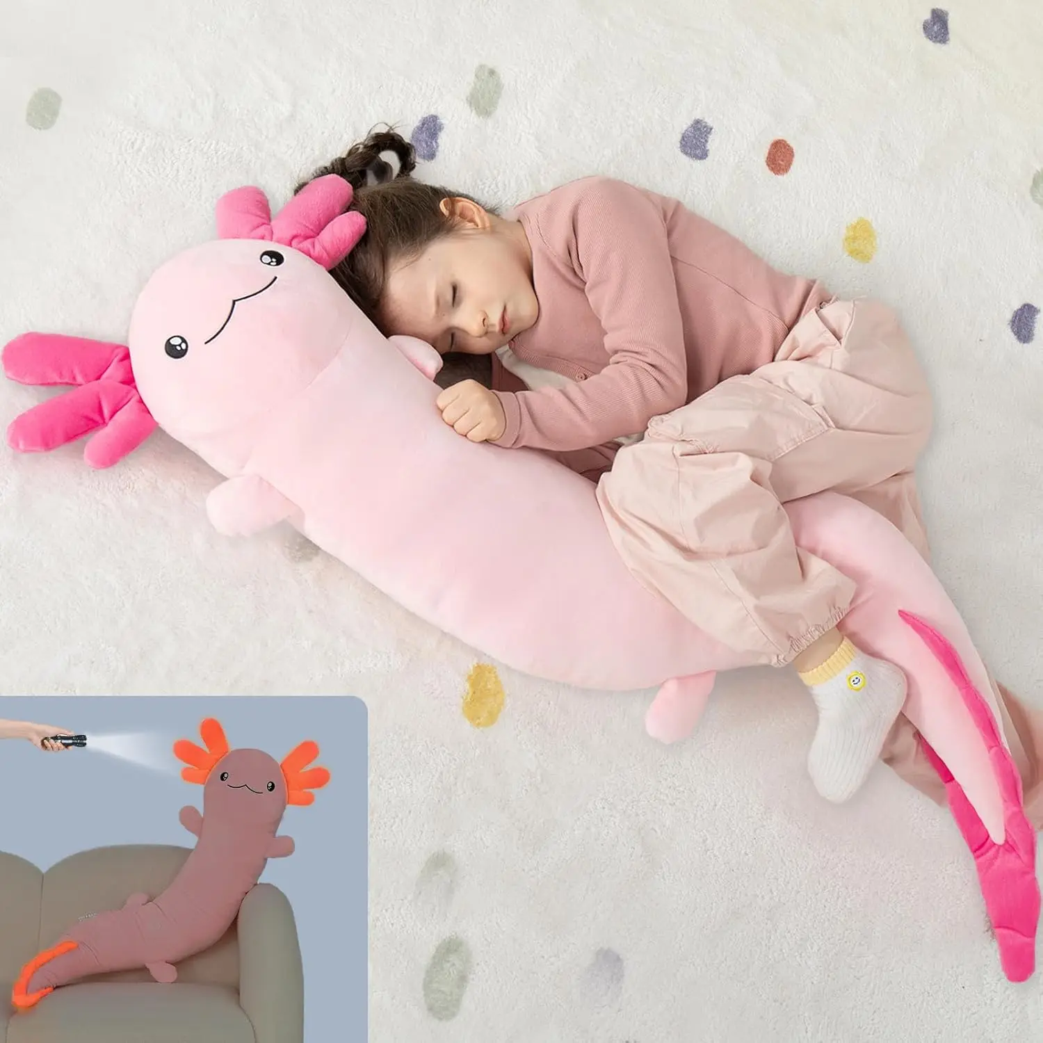 Tezituor 48in Long Shape Glow-in-Dark Giant Axolotl Plush Body Pillow, Soft Stuffed Salamander Toy for Girls & Kids, Hot Pink/Blue/Green Cool Gifts for Birthdays