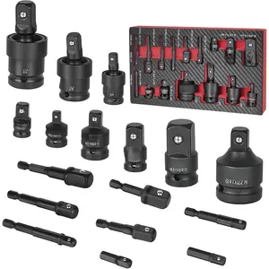 Socket Adapter Set 17 count includes Reducer, Universal Joint Socket Set, Drill Adapter 1/4" 3/8" 1/2"