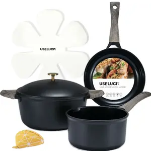 ￼ USELUCK 3-Piece Nonstick Cookware Set, PFOA/PTFE-Free Healthy Ceramic Coating for Fast Even Heating & Easy Clean. Includes 5 Qt Soup Pot with Aluminum Lid, 2.25 Qt Saucepan & 9.5" Fry Pan. Induction Compatible.