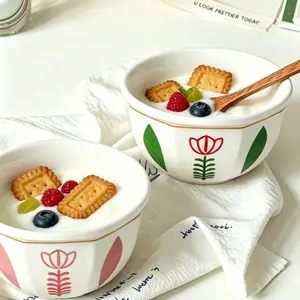 Multi-Color Floral Ceramic Bowls, Porcelain Bowls for Home Kitchen, Fruit Bowl, Ideal for Salad, Cereal, Snacks, Durable & Stylish Design