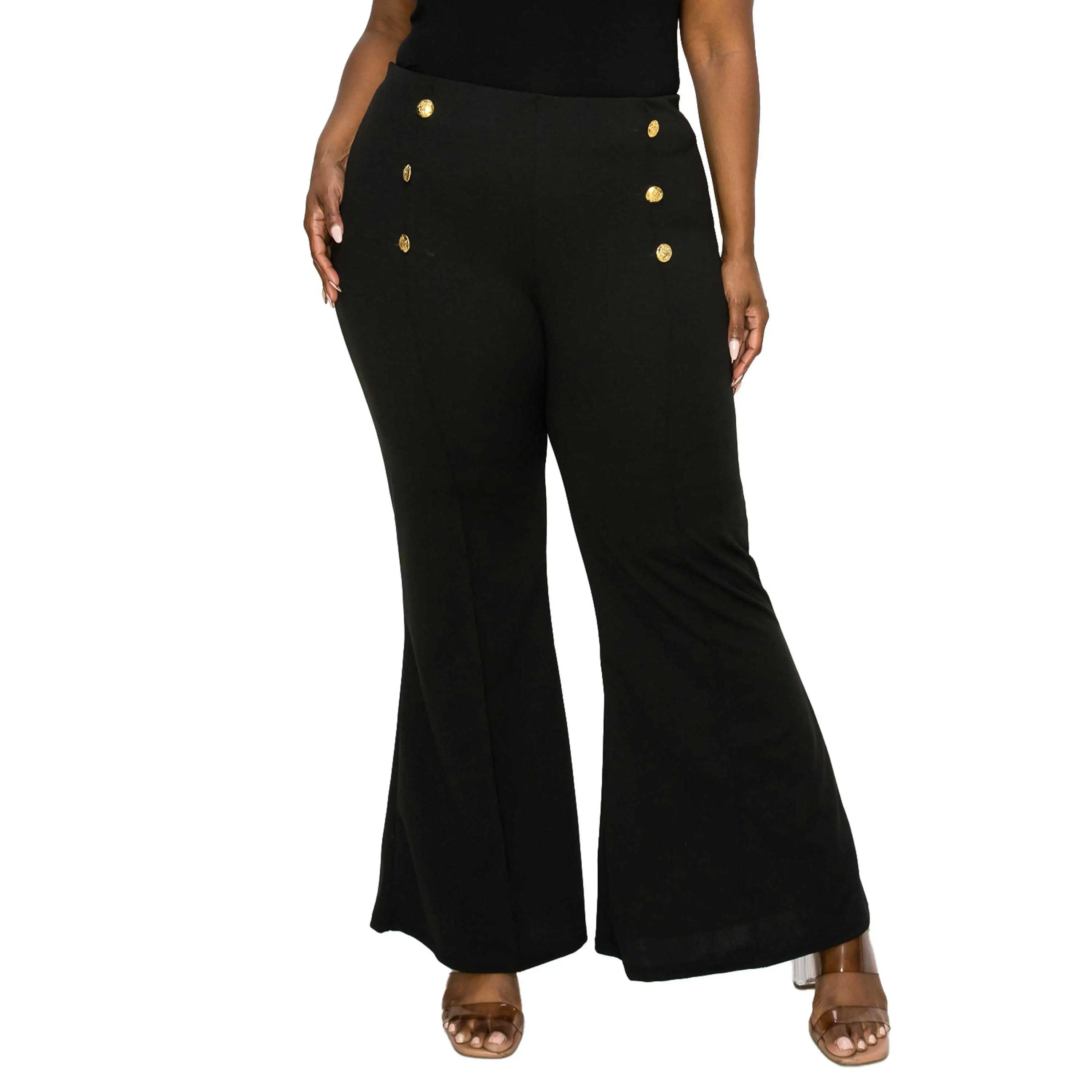 High Waisted Button Detail Flare Pants