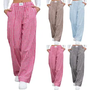 CELOT KEVER New Cotton Plaid Casual Boxer Pants Loose Pocket Trousers Women Fit Womenswear Soft Breathable Polyester Blend Adjustable Drawstrings