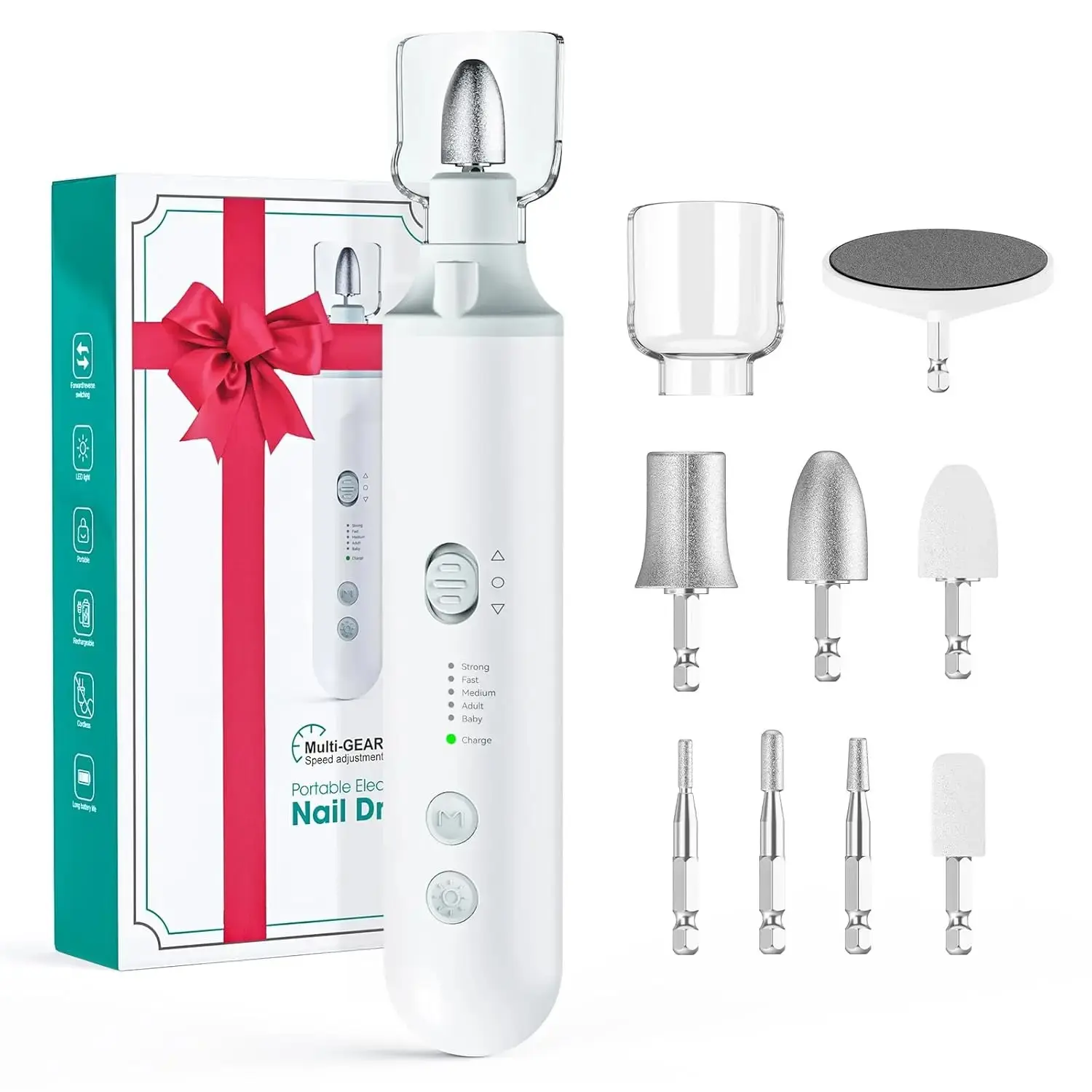 Professional nail and foot repair kit, five in one electric nail file, used for toenail and hand care, widened grinder for thick nails, cordless, 5-speed, men's and women's elderly home salon, white