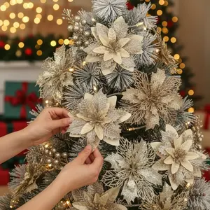 18-Piece SERRA FLORA Champagne Poinsettia & Glitter Berry Stems - Luxury Golden White Floral Arrangements for Wedding Centerpieces, Christmas Tree Toppers & Holiday Home Decor Artificial Plants