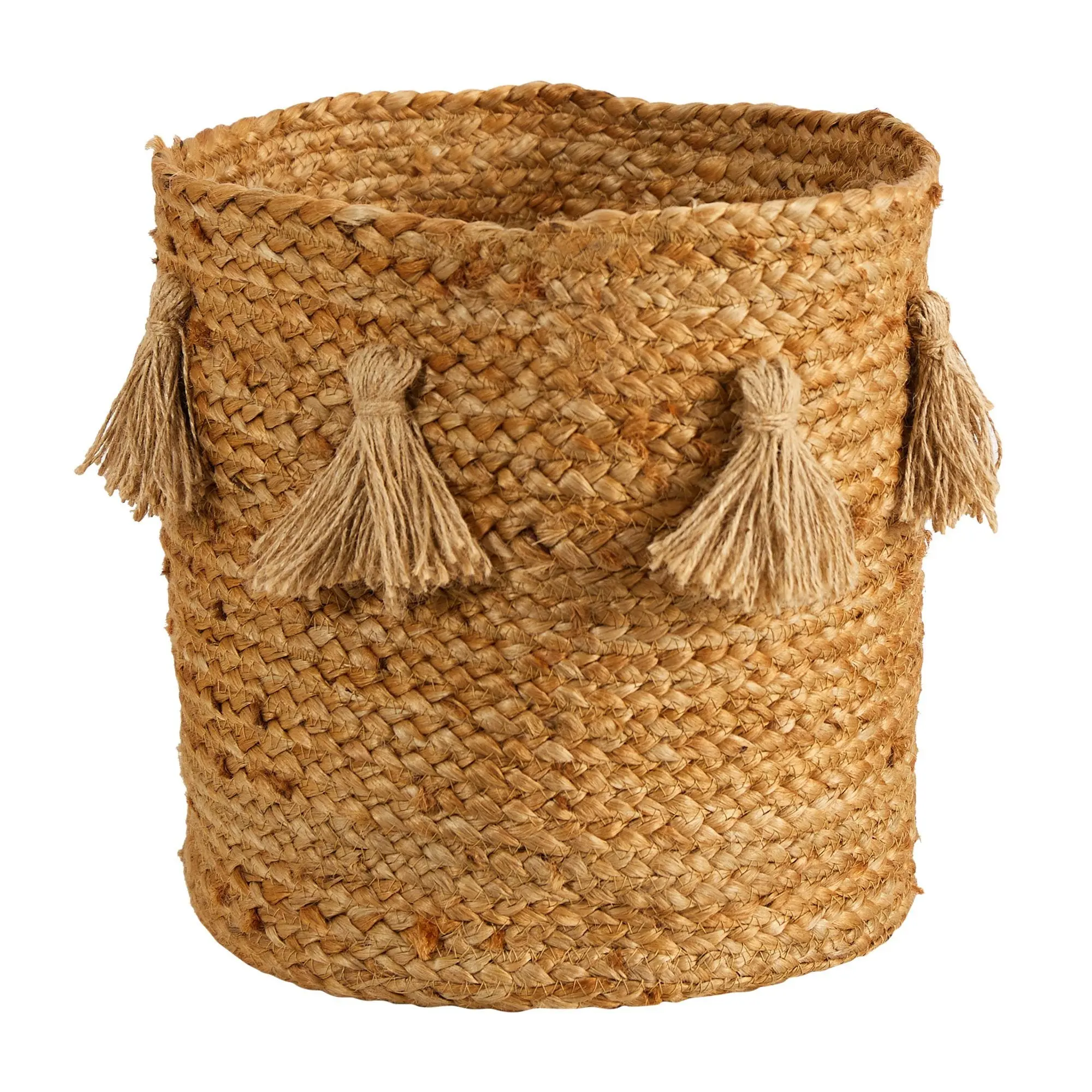 12.5in Boho Chic Natural Hand-Woven Jute Storage Basket with Tassels - Standing Home Organiser for Clutter Control, Pot Compatibility
