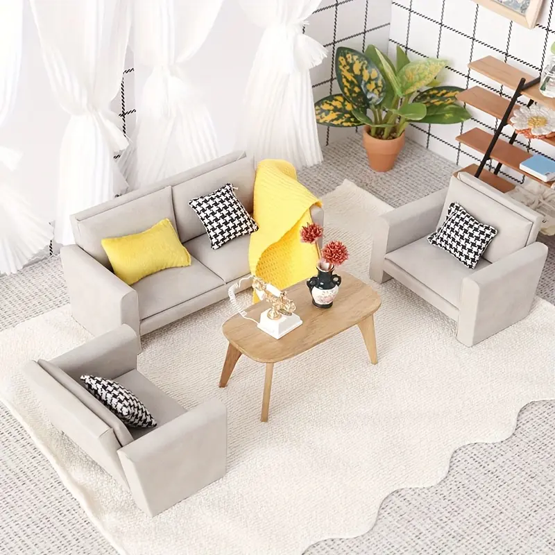 1:12 Miniature Dollhouse Sofa with Cushion & Blanket DIY Model for Living Room Scene Photography, Perfect Holiday Gift Choice, Doll House Furniture