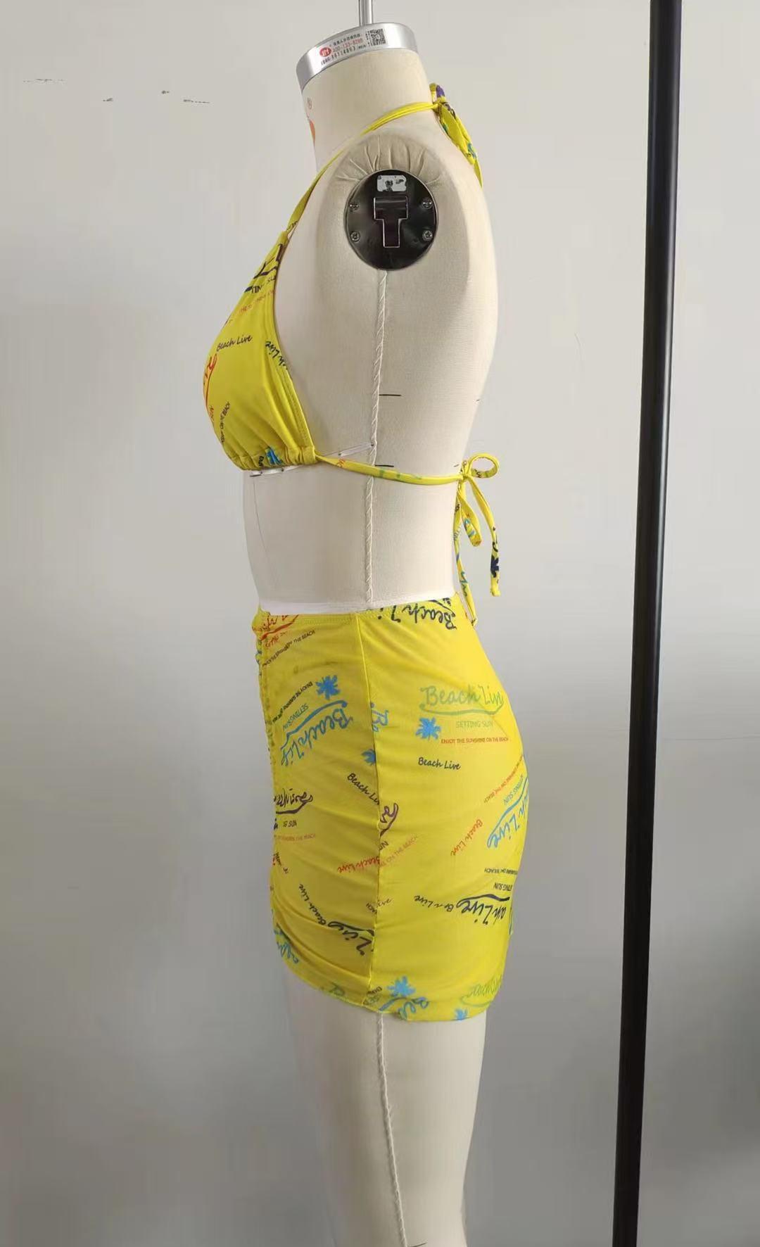Women's 3-piece swimsuit set - tropical style | yellow printed bikini, high waist to show figure, adjustable neck tie, quick drying fabric | suitable for summer beach vacations, pool parties | swimsuit