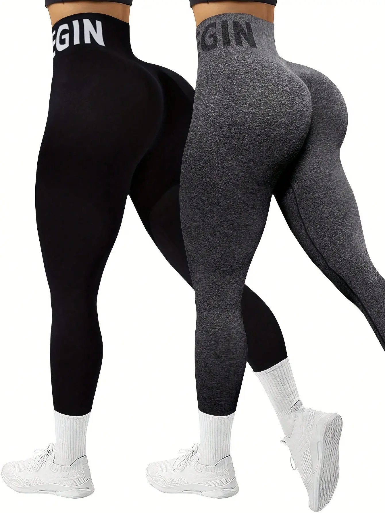QGU Women's High Waisted Yoga 2-Piece Sets - Elastic Waist, Booty Lifting Sculpting Seamless No Rub Activewear, Breathable Stretchy Athletic Leggings, Solid Color Looks Clean & Polished for Gym Fitness (Order 1 Size Larger Recommended)
