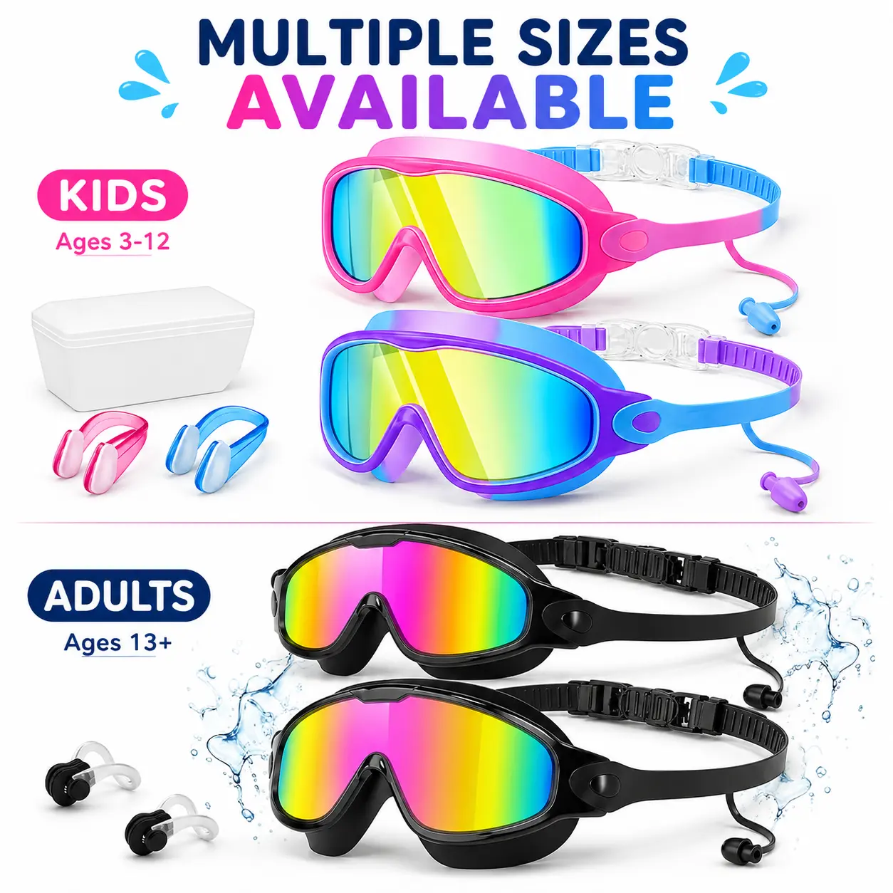 Unisex 2-Pack Leakproof Swimming Goggles Set - Anti-Fog Lens, UV Protection, Wide View, Includes Earplugs & Nose Clip, for Kids & Pool & Beach Use, Goggles For Swimming, Kids Swim Goggles
