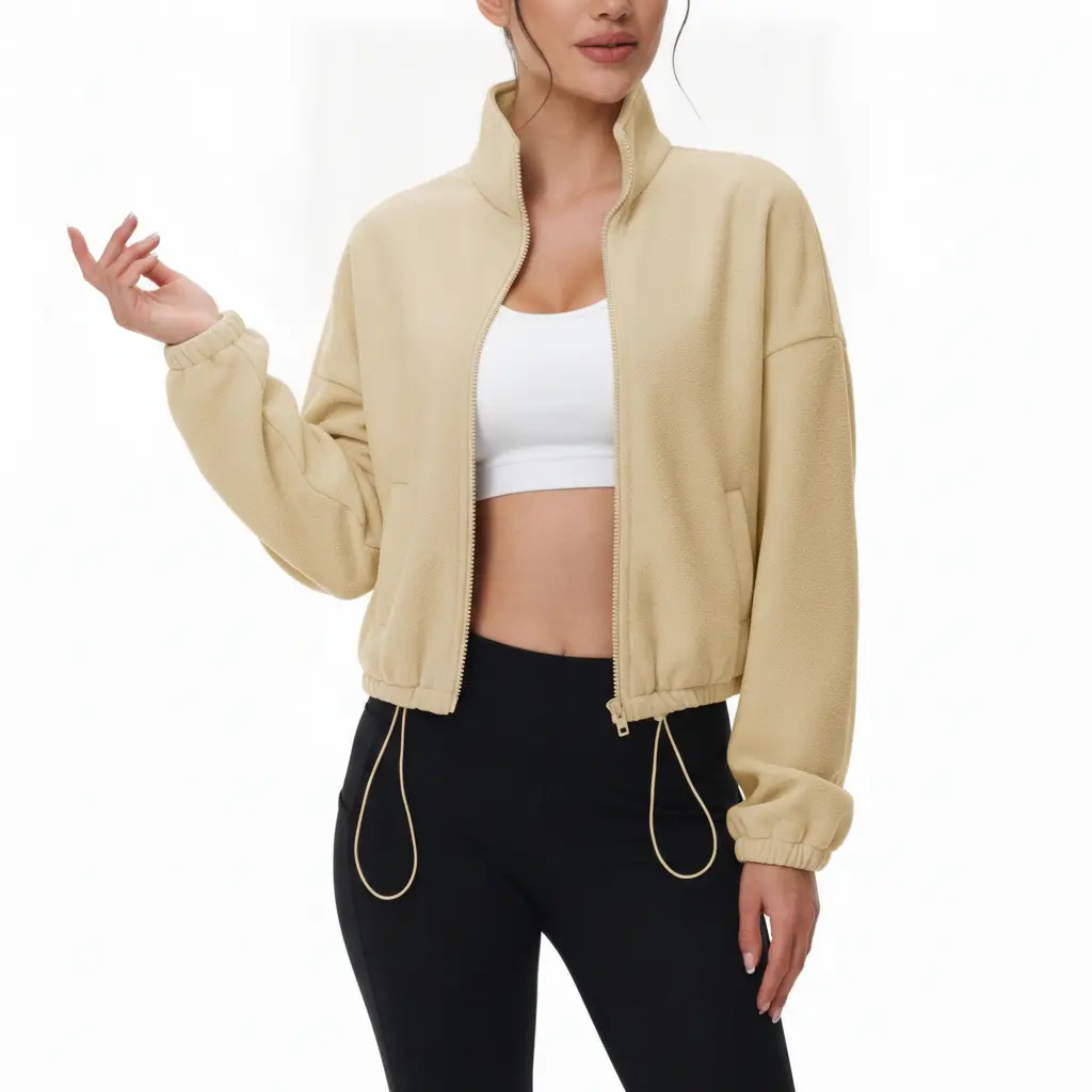 YUCOLEN Lady's Sporty Full-Zip Fleece Jacket - Cropped Warm Winter Coat with Pockets, Stand Collar, Adjustable Drawstring Hem, Vibe Fabric Workout Top, Basic, Comfortable, Fitted, Long Sleeve, Polyester, Casual, Outerwear, Hiking, Collared Neck