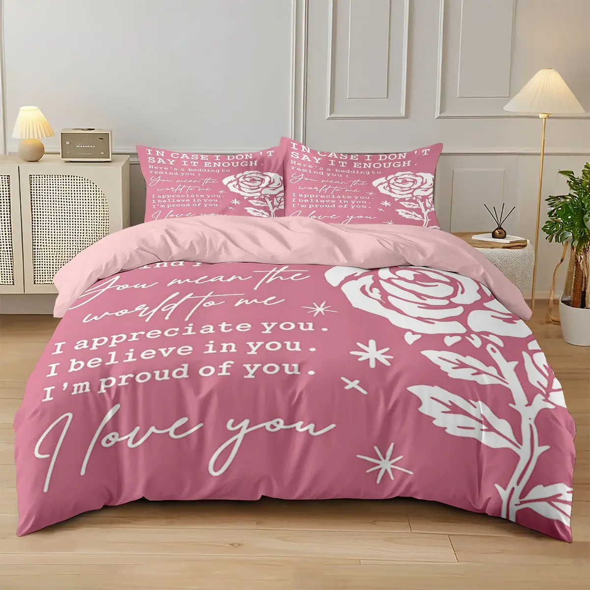 3-piece set, Decorative bedding set, Modern bedding set, Bed Sets (1 duvet cover + 2 pillowcases, without filling) in pink tones, featuring text and rose-themed prints, soft, suitable for decoration, usable in all seasons, perfect as a gift