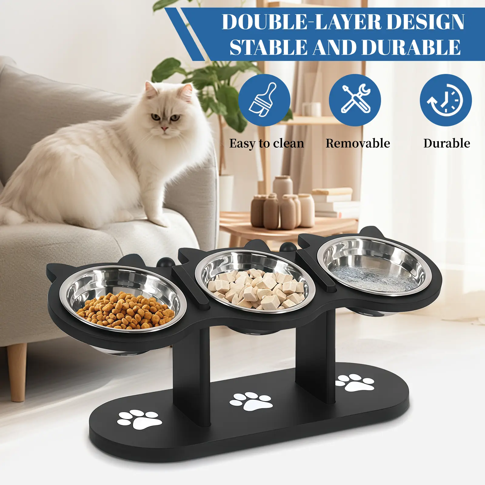 3-Layer Elevated Cat Feeder, Adjustable 15 Degree Angle, Stainless steel Pet Food Bowl With 3 Brackets, Easy To Assemble And Carry, Detachable For Cle