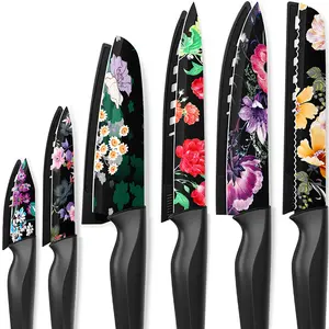 Astercook 6-Piece Floral Knife Set, Scratch-Resistant Food-Grade Print, German High Carbon Stainless Steel, 6 Knife Covers, Dishwasher Safe. Kitchen