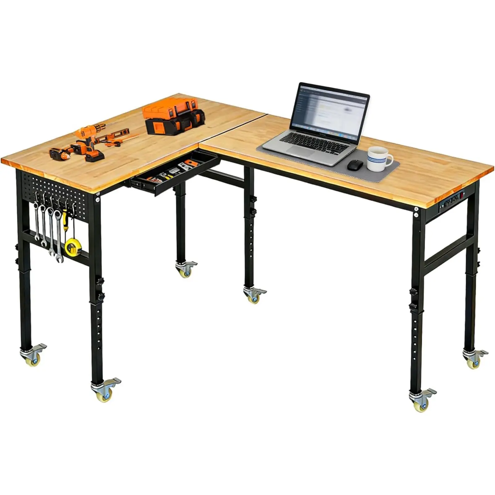 Garvee Heavy Duty 108-in L-Shaped Adjustable Mobile Workbench with Wheels, 2000 Lbs Capacity, Power Outlet, Drawers, Pegboard Slots, Rubber Wood Top - Mobile Tool Table for Garage, Workshop, Mobile Work