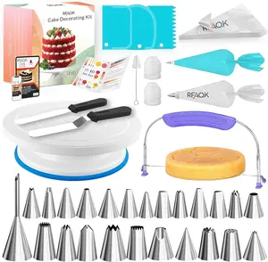 RFAQK 90PCs Cake Decorating Kit with Leveler, Baking Supplies Gift Includes Cake Stand Turntable, 24 Numbered Icing Tips, 55+1 Piping Bags, 2 Frosting Spatulas, 3 Scrappers, Video Course & Booklet