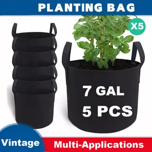 A set of 5 plant planting bags with a capacity of 5 and 7 gallons respectively